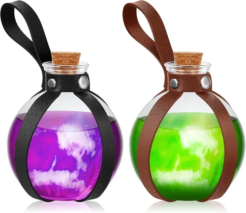 Vista 8 de Patelai 2 botellas de poción de vidrio de Halloween con cinturón, corcho, accesorios de disfraz de bruja renacentista, botella de poción