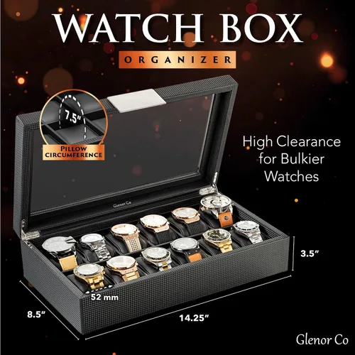 Vista 2 de Caja para relojes para hombre - caja de exhibición de fibra de carbono de lujo con 12 ranuras, caja grande, hebilla de metal - negro