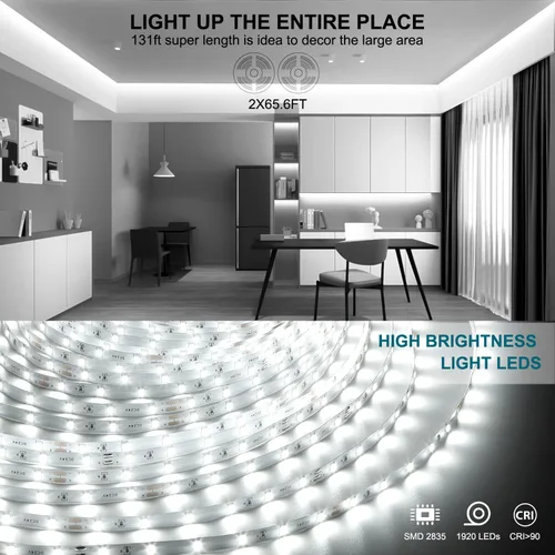 Vista 3 de Wefomey Tira de luces LED blancas, tira de luces LED regulables de 24 V de 131 pies, 6500 K, luz blanca brillante, cinta de luces flexibles