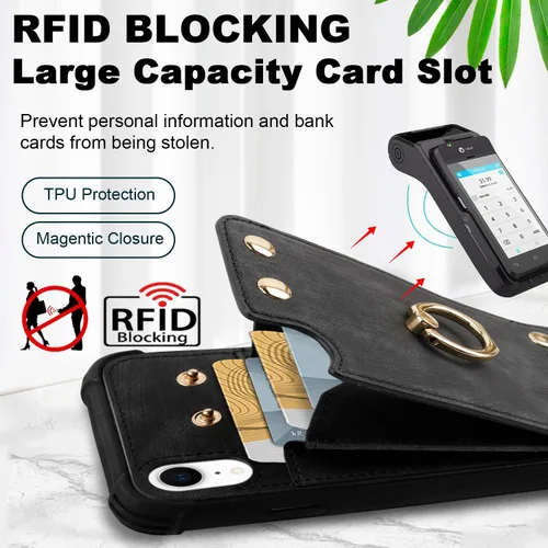 Vista 3 de Funda tipo cartera compatible con iPhone XR/10R con tarjetero de crédito, funda protectora de cuero a prueba de golpes compatible con anillo