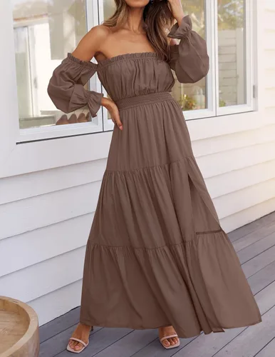 Vista 146 de ZESICA - Vestido largo, bohemio y sexy, con hombros descubiertos y manga larga fruncida, con elástico fruncido, cintura alta y abertura lateral
