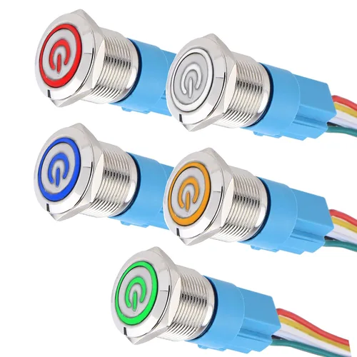 Vista 8 de 5 piezas de interruptor de botón de presión de cierre de metal de 16 mm impermeable, carcasa plateada, 12V-24V, 1NO 1NC, encendido/apagado