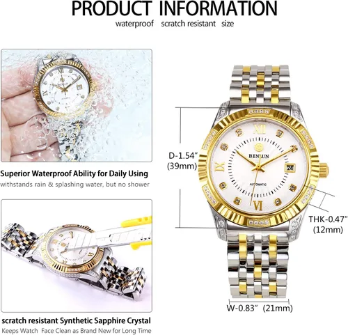Vista 4 de BINLUN Reloj mecánico automático de oro para hombre, correa de cuerda automática respetuosa con la piel, chapado en oro de 18 quilates, relojes