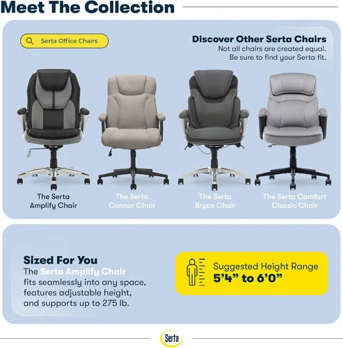 Vista 10 de Silla Serta, Negro Contoured Lumbar Lower Back Support, Back Pain Relief Chair, Adjustable Height and Recline, Work From Home Desk Chair, Black