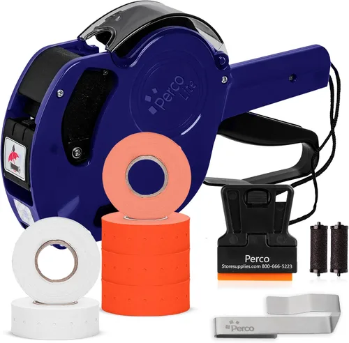 Vista 8 de Perco Lite - Pistola de precio de 1 línea con etiquetas, el kit incluye 3 rollos blancos, 3 rollos azules, 2 rodillos de tinta, 1 rollo de tinta