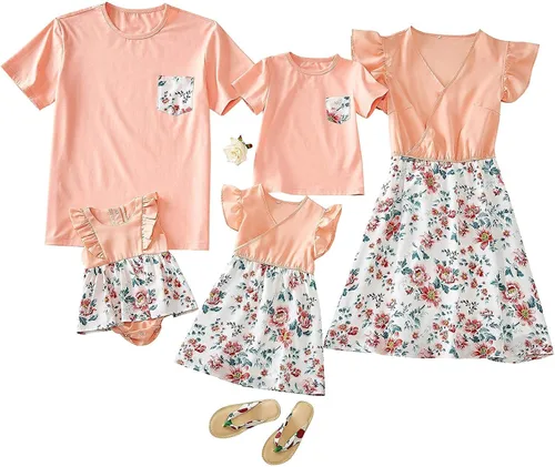 Vista 2 de Trajes familiares a juego, vestidos con estampado floral de mamá y yo, camiseta rosa, trajes a juego