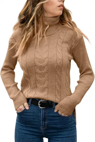 Vista 2 de Langwyqu - Suéteres con cuello alto, de manga larga y punto trenzado para mujer