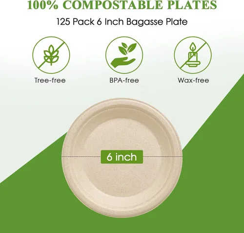 Vista 5 de Vplus Paquete de 125 platos de papel de 6 pulgadas, 100% compostables, platos de papel desechables de alta resistencia, bagazo, natural
