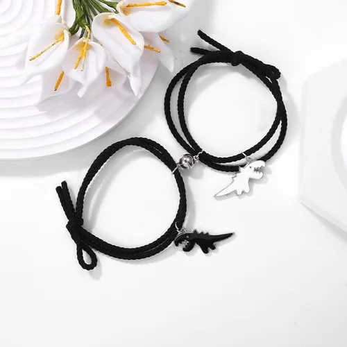 Vista 3 de Juego de 2 pulseras magnéticas de dinosaurio a juego con cuerda trenzada ajustable para mejor amigo, novio, novia, amante, amistad, joyería linda
