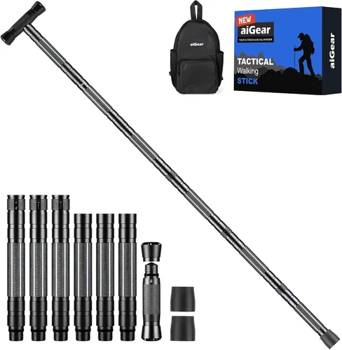 Vista 9 de aiGear G3 Tactical Walking Stick Self Defense, Upgraded Durable Hiking Stick with Multitool Adjustable 5-8 Tubes Modular Design for Hiking Camping