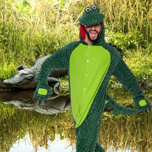 Vista 2 de Funziez! Crocodile Alligator Adult Onesie - Dinosaur Halloween Costume - Animal One Piece Cosplay Suit for Women and Men