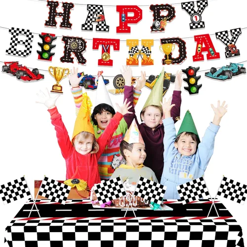 Vista 5 de Kit de decoración de fiesta de auto de carreras, pancarta de feliz cumpleaños, manteles para cumpleaños de coche de carreras o baby shower, 54 x 108