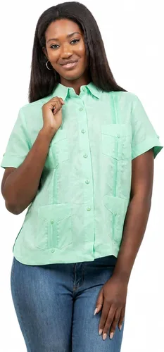 Vista 11 de Mojito Collection Camisa Guayabera tradicional de manga corta para mujer 100% lino Aguamarina