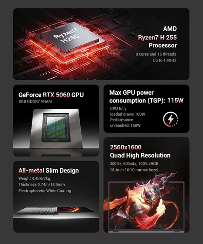 Vista 2 de Laptop para juegos RTX 5060, 2560x1600 16 pulgadas, 240Hz 2.5K QHD+, procesador AMD Ryzen 7 H 255 (8C/16T, 4.9GHz), 8GB GDDR7 VRAM, 16GB DDR5 512GB