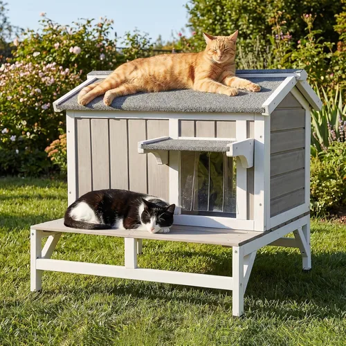 Vista 11 de Casa de madera para gatos para exteriores e interiores, resistente a la intemperie, refugio para gatos de dos pisos, hogar cerrado para gatos