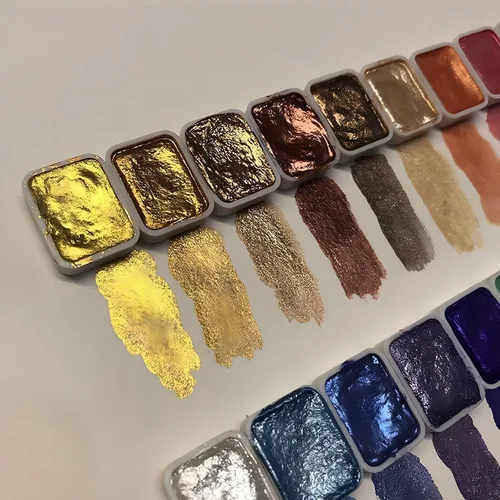Vista 4 de Juego de pintura de acuarela metálica de 20 colores con purpurina, modelo metálico nacarado sólido, kit de arte de viaje para pintar sobre la marcha