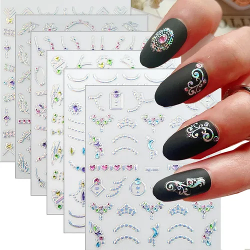 Vista 11 de 20 hojas de calcomanías de uñas 3D, diseño de oro/diamante, lujosas calcomanías de uñas autoadhesivas con relieve, calcomanías de uñas de flores