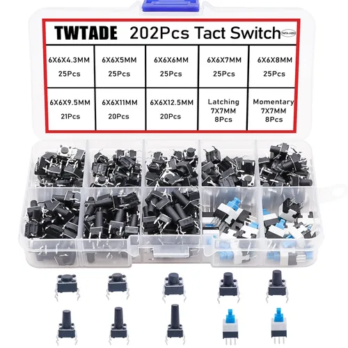 Vista 6 de TWTADE Juego surtido de 202 interruptores de botón táctil micro momentáneo, 10 valores, 4 pines, interruptores táctiles de 0.236 x 0.236 in y 0.276