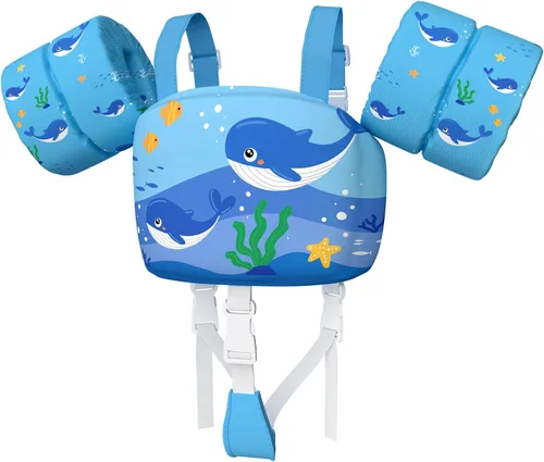 Vista 14 de Chaleco de natación para niños pequeños, apto para niños de 28 a 70 libras, flotadores para niños y niñas, ayuda a la natación, entrenamiento, traje