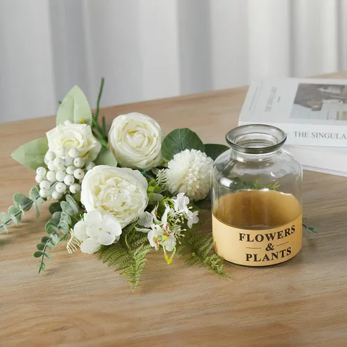 Vista 6 de Anna's Whimsy Flores artificiales con jarrón, rosas blancas, peonías de seda en jarrón, centros de mesa de imitación florales para arreglos de mesa
