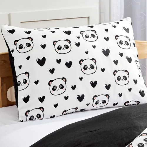 Vista 2 de Chezmoi Collection Juego de ropa de cama de 3 piezas para niñas, color blanco y negro, tamaño individual, juego de edredón de microfibra con Panda
