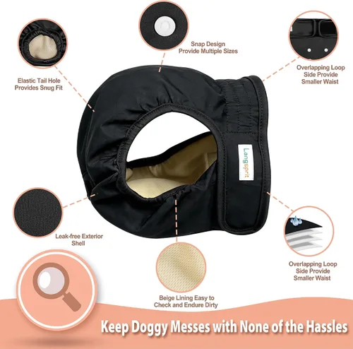 Vista 4 de Langsprit Pañales lavables para perro hembra (paquete de 3 unidades) - Sin fugas, reutilizables, para perritas en período, calzones altamente Negro