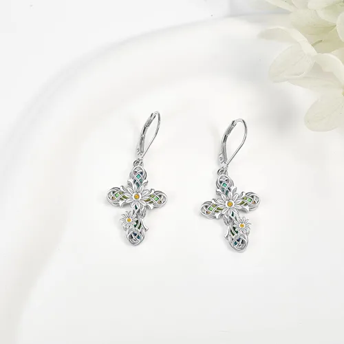 Vista 3 de Aretes de cruz de plata de ley 925 con cruz colgantes, regalos para mujer