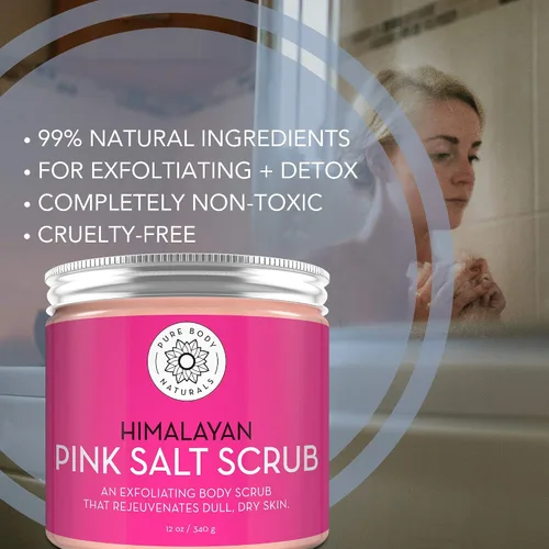 Vista 5 de Pure Body Naturals Exfoliante de sal del Himalaya, 12 onzas, exfoliante natural para rostro, cuerpo, manos, pies y piel, sal rosa exfoliante facial