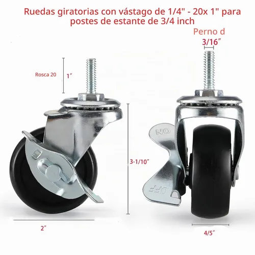 Vista 2 de Juego de 4 Ruedas Giratorias de 2 Pulgadas de Alta Resistencia, Ruedas de Goma para Estantes de Alambre