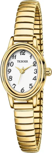 Vista 13 de Relojes pequeños de oro para mujer, reloj analógico de esfera fácil de leer, caja ovalada, banda de expansión de acero inoxidable, reloj impermeable