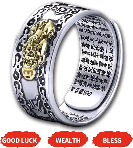 Vista 4 de PEKWASY 2 anillos de Feng Shui con mantra Pixiu, anillo ajustable de Feng Shui de La Buena Suerte para hombres y mujeres, anillo de amuleto budista