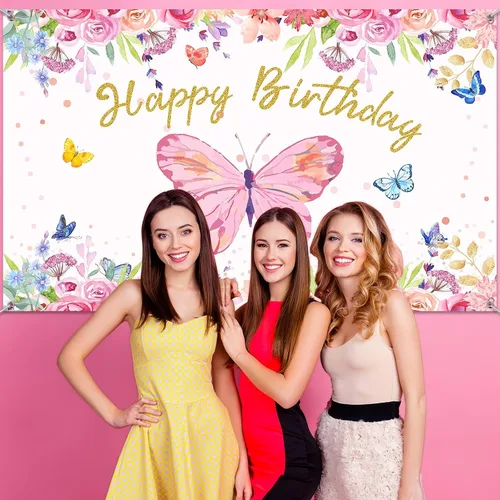 Vista 7 de Tatuo Telón de fondo de mariposa de feliz cumpleaños de 6 x 4 pies, decoración de fiesta de cumpleaños de mariposa rosa para niñas y mujeres