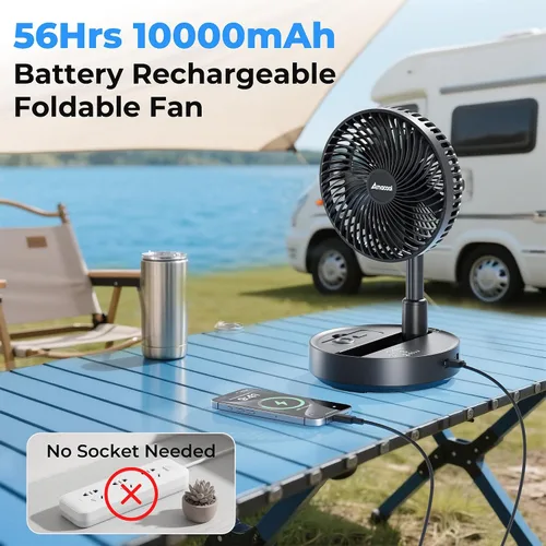 Vista 2 de AMACOOL Ventilador oscilante plegable de 8 pulgadas, funciona con batería de 10000 mAh con control remoto y temporizador, ventilador de pie portátil