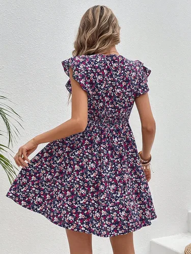 Vista 2 de Milumia Minivestido acampanado con cuello en V fruncido y mangas casquillo para mujer