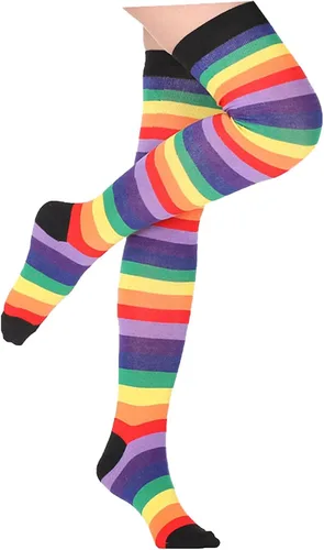 Vista 4 de Awlsyj 6 pares de calcetines altos a la rodilla calcetines largos hasta el muslo de Halloween bruja y cosplay calcetines para mujeres y niñas
