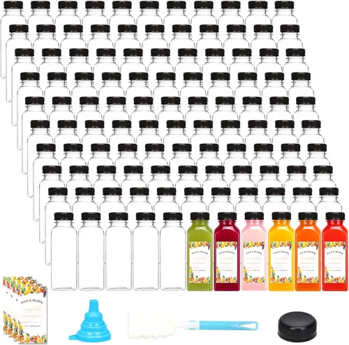 Vista 13 de Moretoes - 144 unidades de botellas de chupito de plástico de 4 onzas con tapas, botellas reutilizables para shots de jengibre, recipientes de jugo