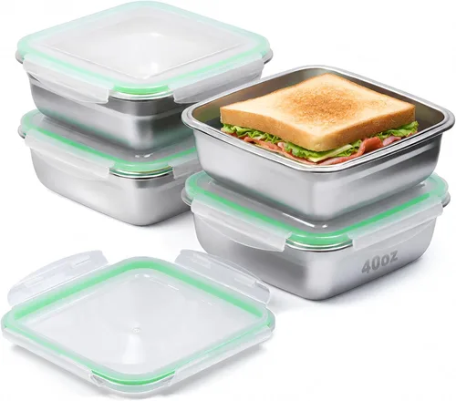 Vista 9 de Paquete de 2 recipientes para sándwich, caja de sándwich de acero inoxidable de 40 onzas con tapas herméticas, cajas de almuerzo reutilizables
