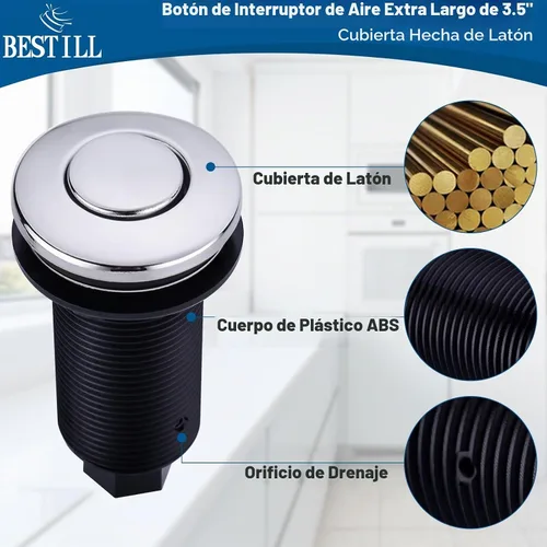 Vista 3 de BESTILL Kit de interruptor de aire para eliminación de basura - Certificado UL, botón de interruptor superior de fregadero sin cable para triturador