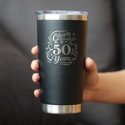 Vista 3 de Cheers to 50 Years - Vaso de café aislado con tapa deslizante - Taza aislada de acero inoxidable - Regalo para 50 aniversario - Negro