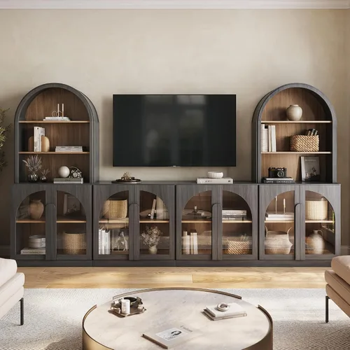 Vista 49 de BELLEZE Centro de entretenimiento modular de 4 piezas con almacenamiento, 2 vitrinas de madera moderna con gabinete arqueado y 2 armarios de puerta
