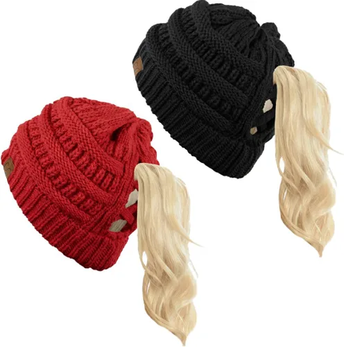 Vista 27 de Funky Junque - Gorro de coleta para mujer – Gorro de invierno con cola de caballo cruzada para mujer, cálidos y lindos gorros de punto con cola