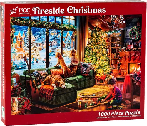 Vista 2 de Rompecabezas de Navidad junto a la chimenea de 1000 piezas de Vermont Christmas Company - Rompecabezas de arte navideño vintage con piezas