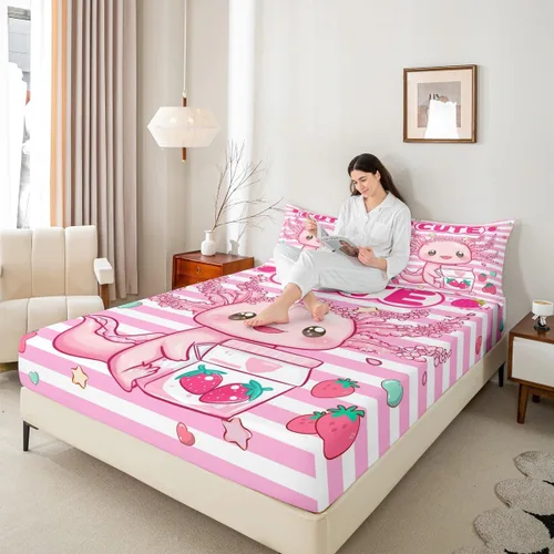 Vista 2 de Lindo Axolotl - Sábana bajera ajustable para niños, tamaño individual, juego de ropa de cama de animales marinos de dibujos animados, decoración