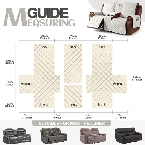 Vista 7 de KinCam Funda 100% Impermeable para Loveseat Reclinable con Consola, Fundas Antideslizantes para Sofá Reclinable de 2 Asientos, Funda para Sofá