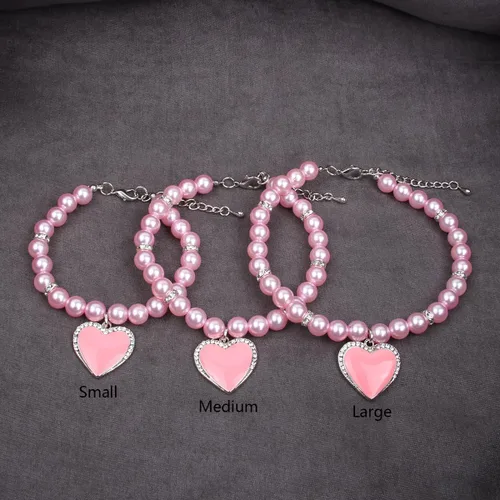 Vista 4 de Collar de perlas de perro y gato con diamantes de imitación, dije de corazón con dije de corazón para mascotas y cachorros (S, rosa)