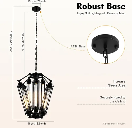 Vista 9 de 8-Lights Retro Metal Pendant Lamp with Glass Lamp Tube, Industrial Metal Chandelier, Vintage Mid Century Lighting Fixture, Steampunk Style Pendant