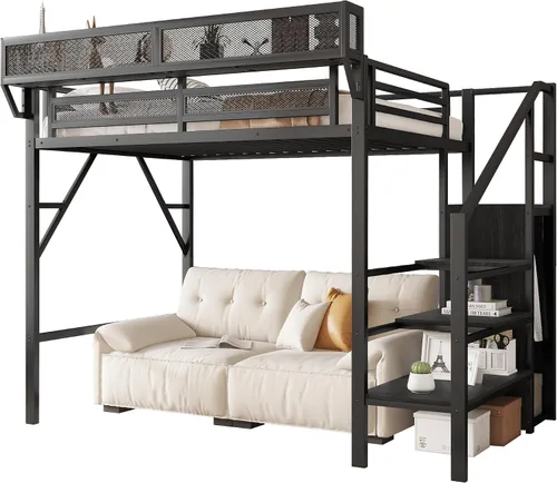Vista 7 de Cama tipo loft individual con escaleras, cama alta de metal tamaño individual con estantes de almacenamiento y armario, estante de noche y gran