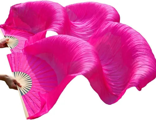 Vista 12 de 1 par (izquierdo + derecho) de abanicos de seda artificial de bambú para danza del vientre, abanicos de tela coloridos para danza, abanicos largos