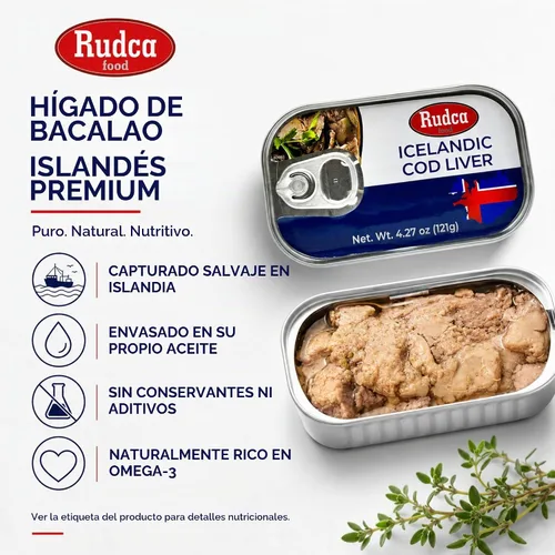 Vista 5 de Rudca Food Hígado de bacalao islandés en aceite propio, 4.27 oz, paquete