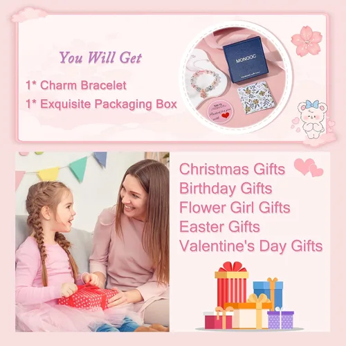Vista 7 de MONOOC Pulseras con iniciales de cuentas, regalos para niñas, pulsera ajustable de perlas rosas y bolas de diamantes de imitación, pulseras con dije